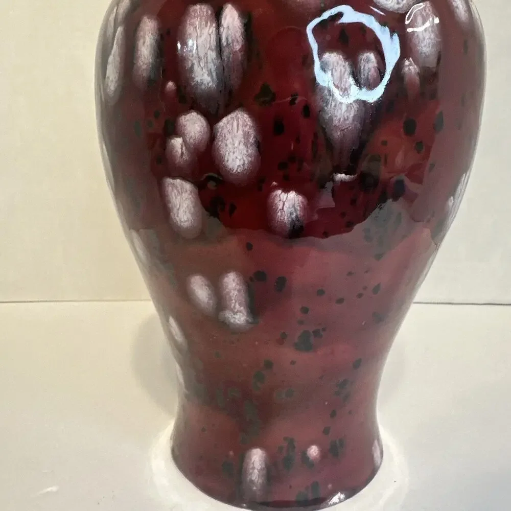 Handmade‎ Red White Drip Glaze Ceramic Ginger Jar Vase with Lid 13.5